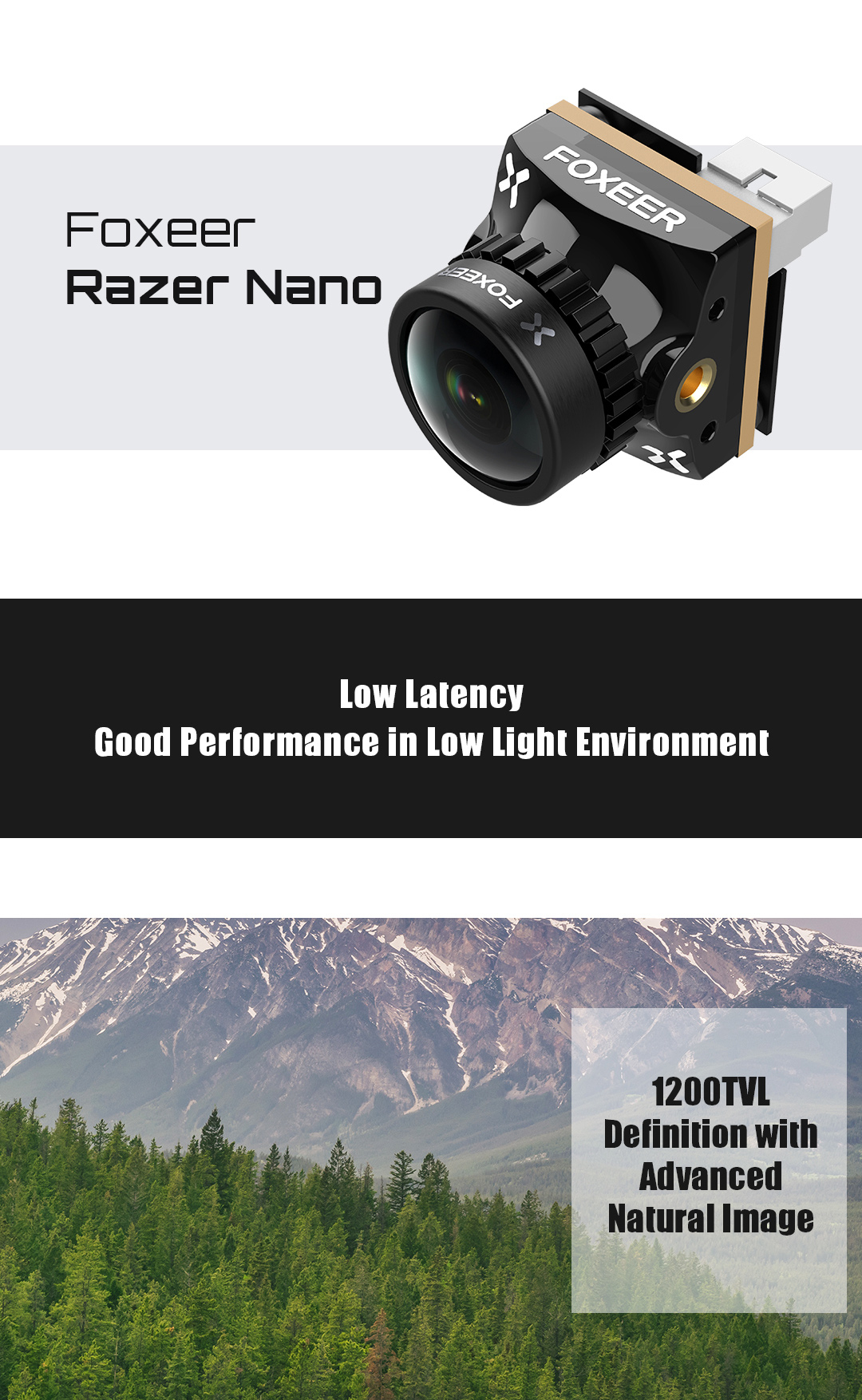 Black Foxeer 1200TVL Razer Nano 1.8mm Lens 16:9 Low Latency FPV Camera 